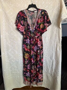 World Market Floral V-Neck Jumpsuit in Black Pink Green Boho Bright Whimsy